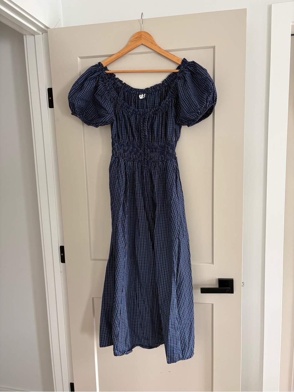 GAP Navy Blue Checked Maxi Dress with Puff Sleeves